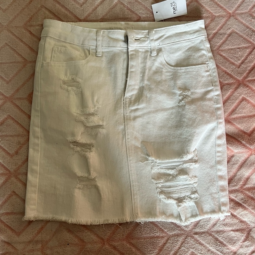White distressed jean high rise skirt